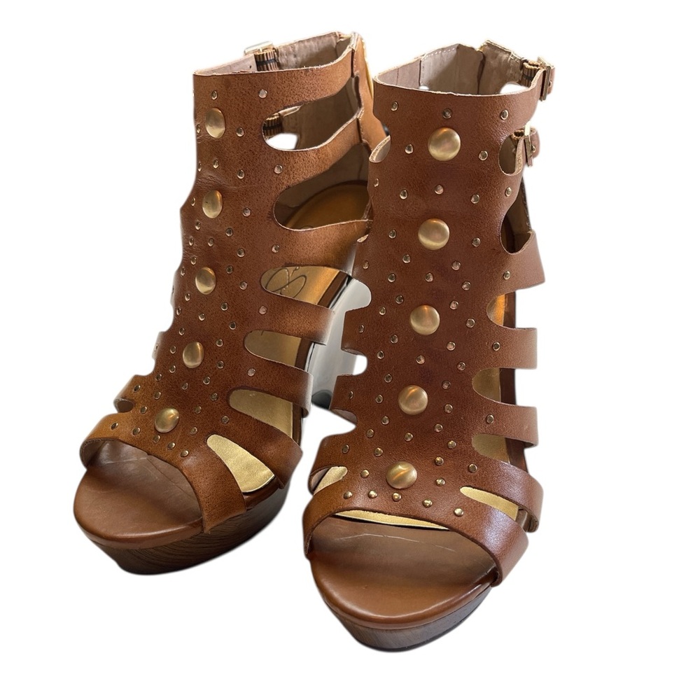 Jessica Simpson Brown Studded Cutout Wedge Sandals